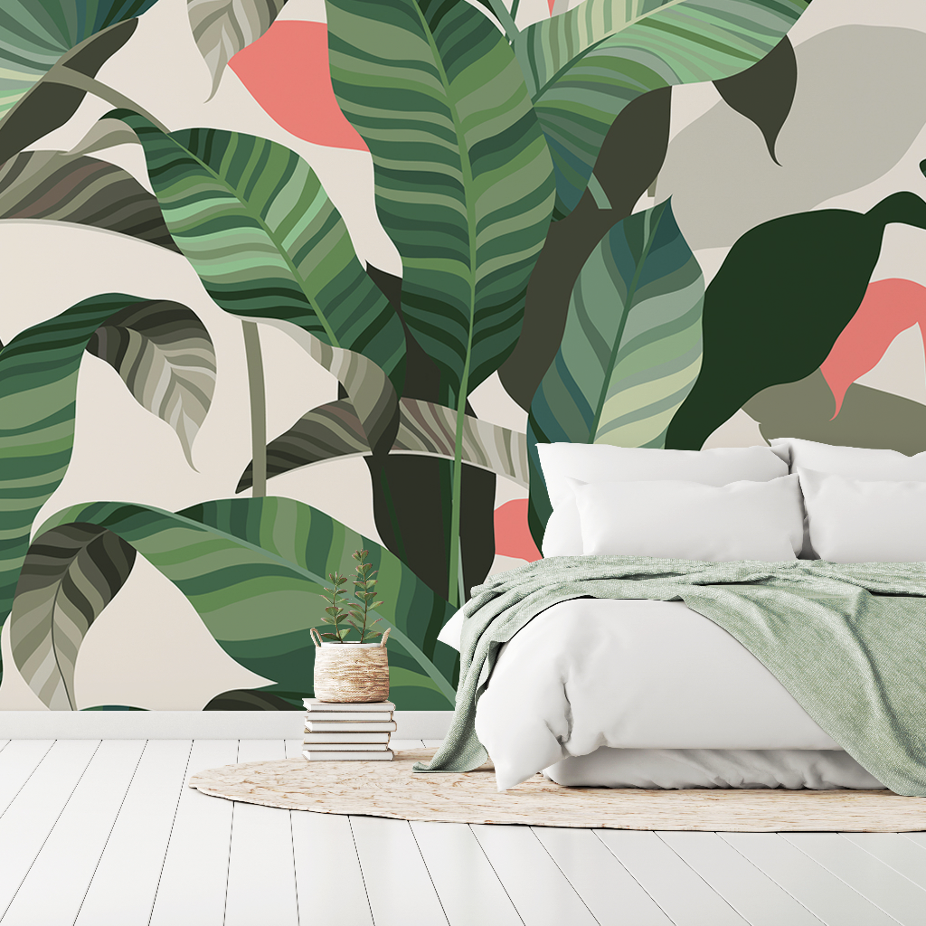 Colorful Tropical Leaves Wallpaper Mural in a living room