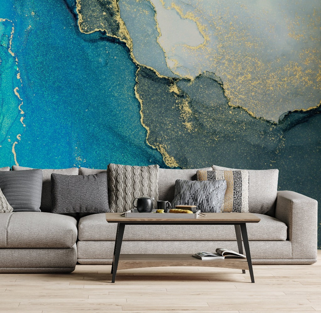 Gold Fracture Wallpaper Mural in living room marble turquoise with gliter 