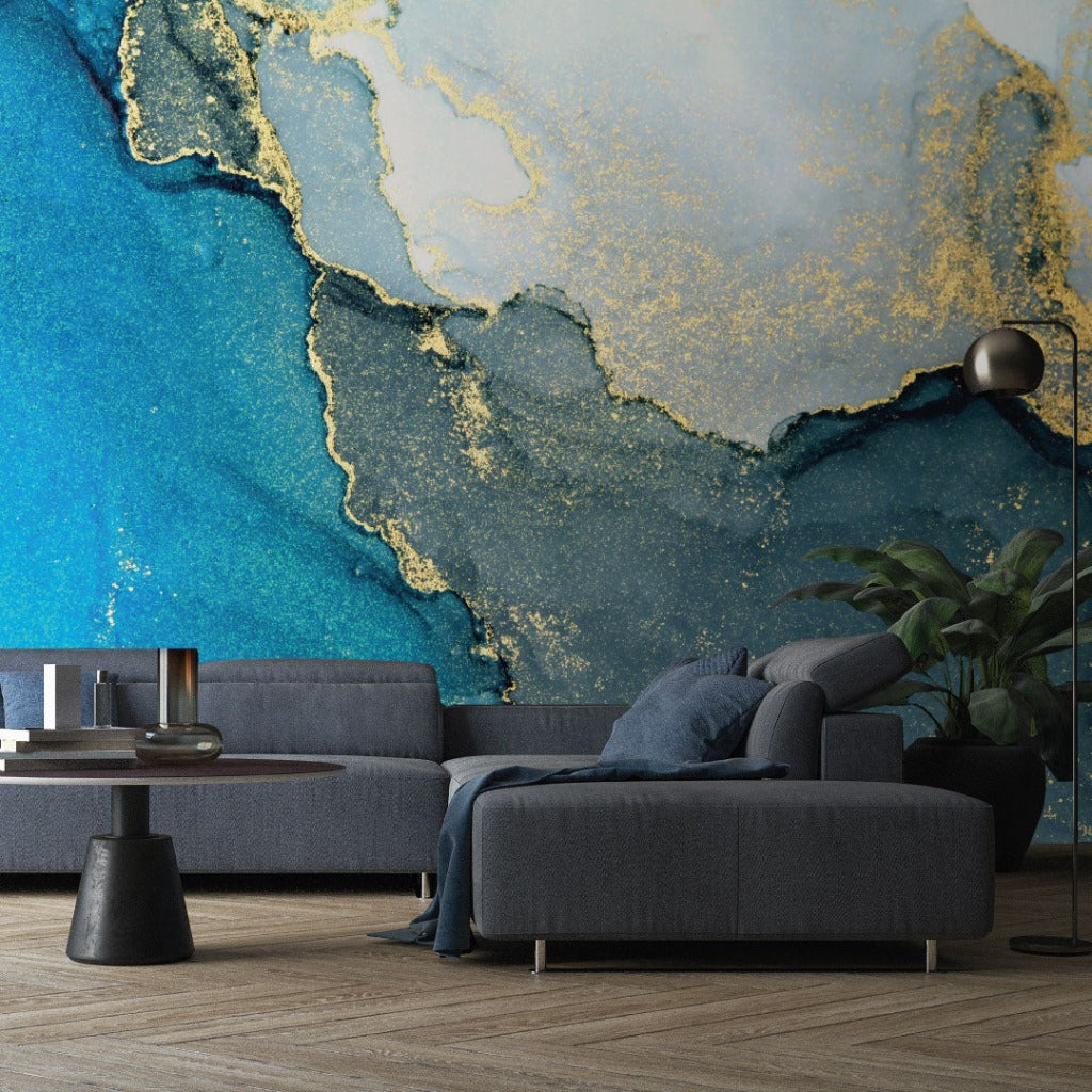 Gold Fracture Wallpaper Mural in living room marble turquoise with gliter