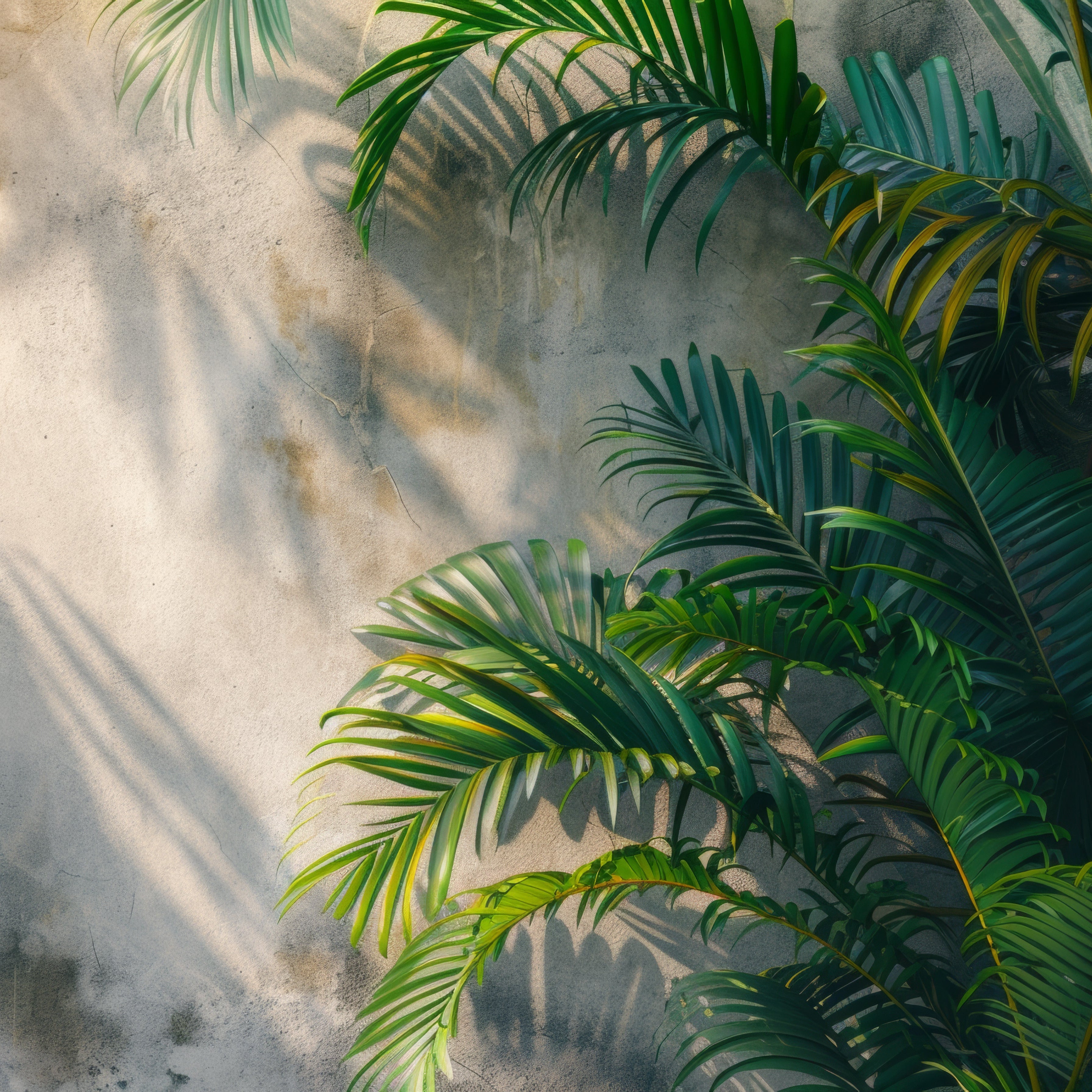 Green palm leaves casting shadows on a textured wall