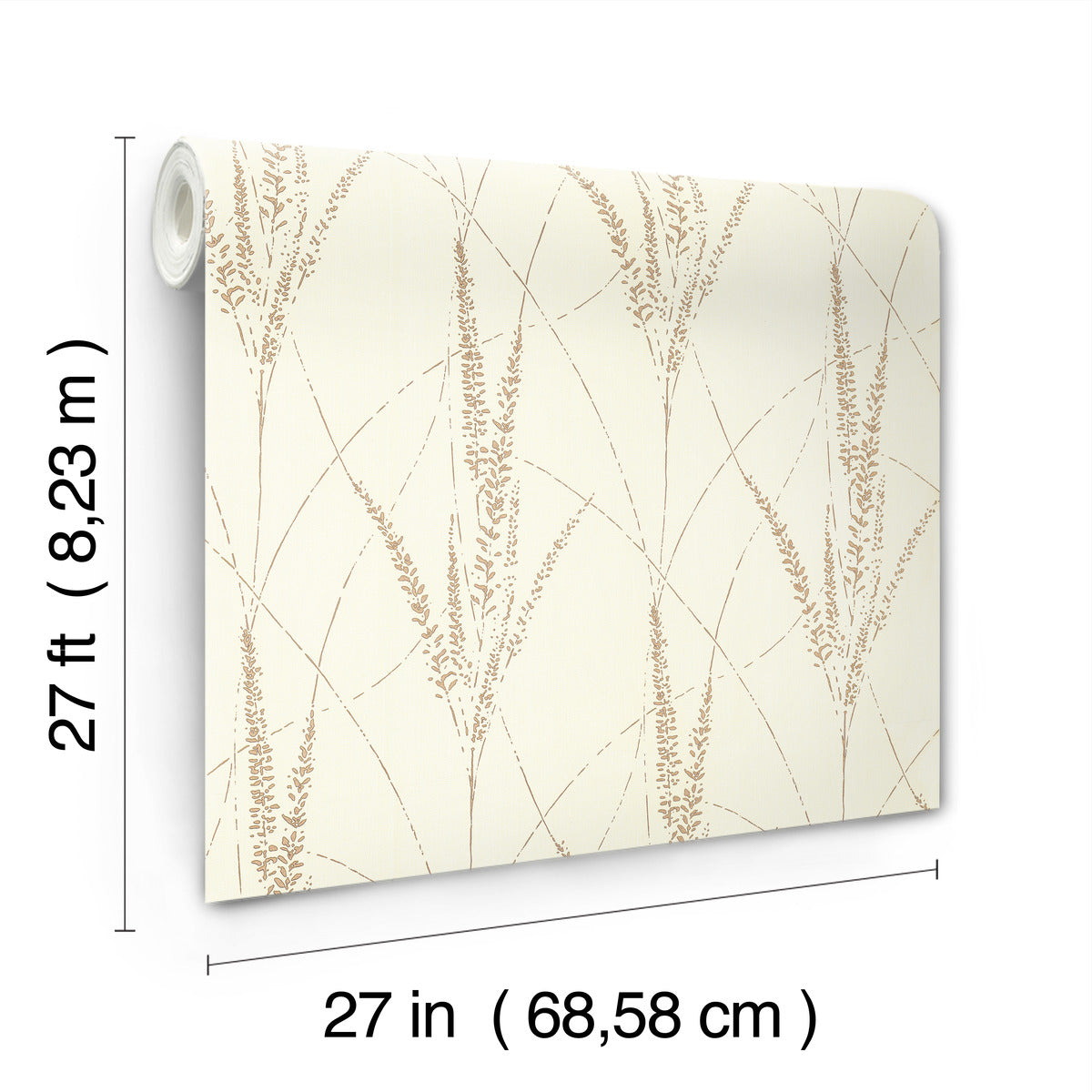A roll of York Wallcoverings Graceful Willow Cotton Wallpaper (60 SqFt) features a beige and light brown botanical pattern with tall, grass-like plants. Shown with labels and measurement lines; each roll measures 27 ft long by 27 in wide.