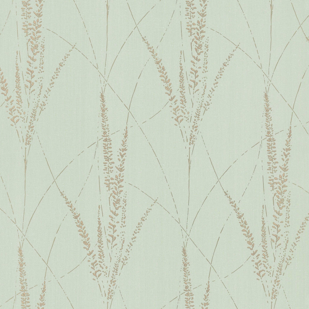 Graceful Willow Lagoon Wallpaper by York Wallcoverings features beige, wheat-like stems and small leaves in a vertical pattern over a mint green background with subtle curved lines, adding timeless botanical elegance to any space.