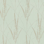 Graceful Willow Lagoon Wallpaper by York Wallcoverings features beige, wheat-like stems and small leaves in a vertical pattern over a mint green background with subtle curved lines, adding timeless botanical elegance to any space.