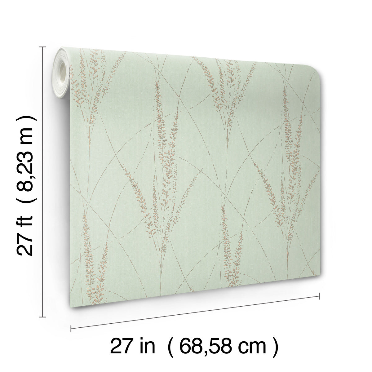 York Wallcoverings’ Graceful Willow Lagoon Wallpaper roll covers 60 sq ft, featuring a light green background with a beige botanical pattern. The labeled dimensions are 27 ft long by 27 in wide.