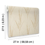 A roll of Graceful Willow Pale Straw Wallpaper by York Wallcoverings covers 60 sq ft, featuring a beige background with golden grass patterns. Dimensions: 27 feet long and 27 inches wide.