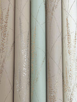 Five rolls of York Wallcoverings’ Graceful Willow Cotton Wallpaper (60 SqFt), featuring delicate metallic botanical patterns in neutral and pastel shades, are displayed side by side for an elegant, nature-inspired look.