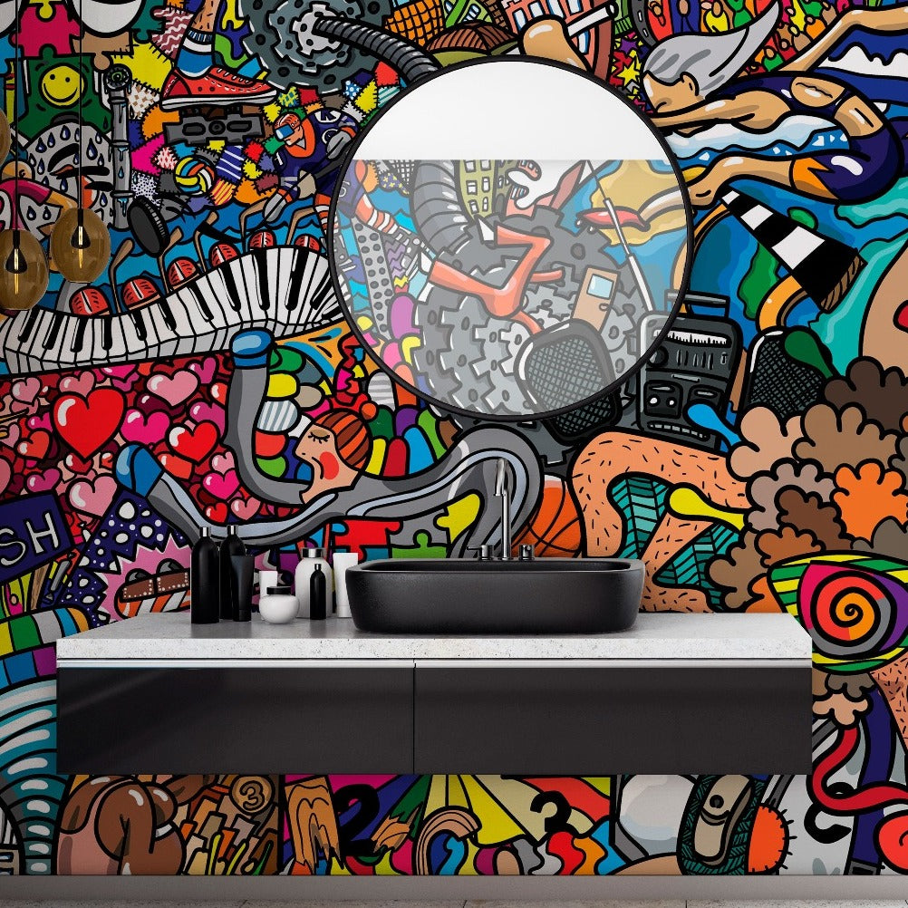 Colorful graffiti wallpaper mural, music theme wallpaper perfect for the bathroom. minimalistic wallpaper