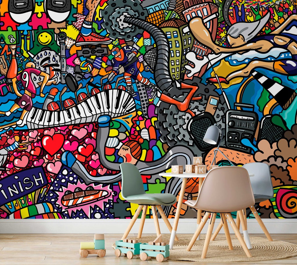 Dining Room - Colorful graffiti wallpaper mural, music theme minimalistic wallpaper perfect for the dining room