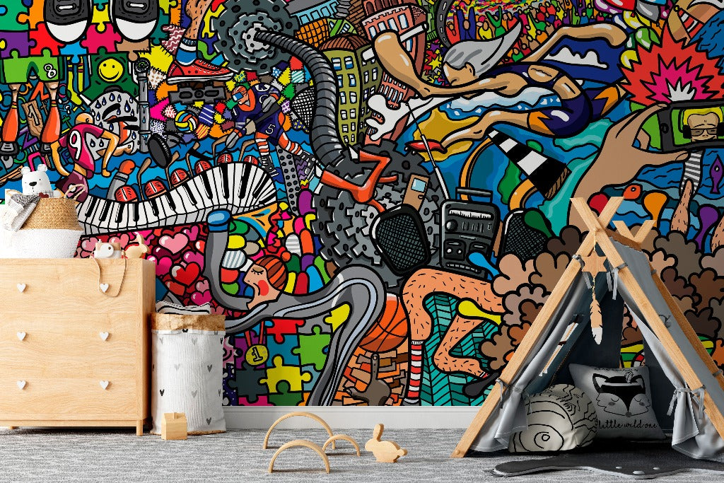 Kids Room - Colorful graffiti wallpaper mural, music theme minimalistic wallpaper perfect for the kids room