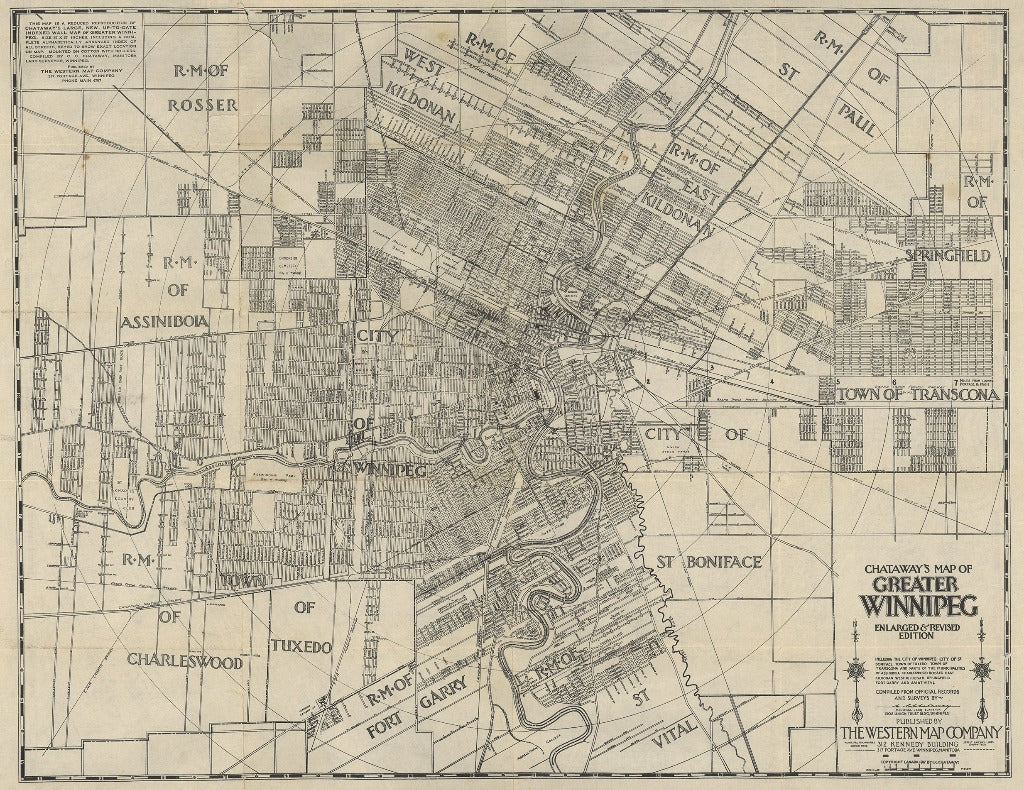 Black and white vintage map titled "Chataway's Map of Greater Winnipeg" showcasing detailed street names, districts, railways, and landmarks in areas like St. Boniface, Tuxedo, and Transcona. Created by The Western Map Company, this vintage map design is perfect for the Decor2Go Wallpaper Mural Greater Winnipeg Wallpaper Mural.