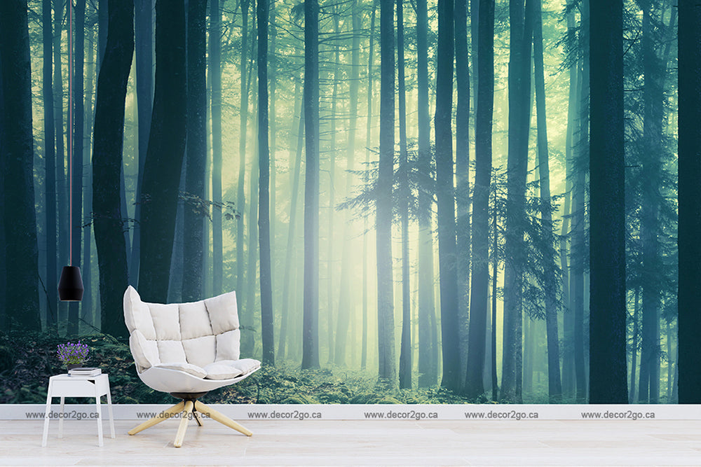 Living Room - Green Silhouetted Forest Wallpaper Mural in living room