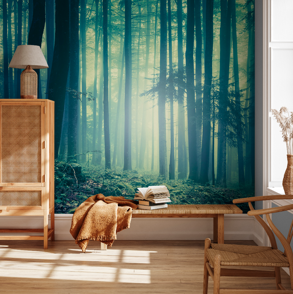 Green Silhouetted Forest Wallpaper Mural in living room