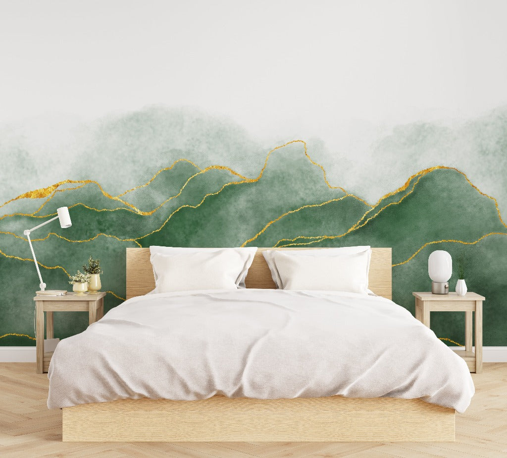 Bedroom - Green Storm Wallpaper Mura with gold lines in the bedroom