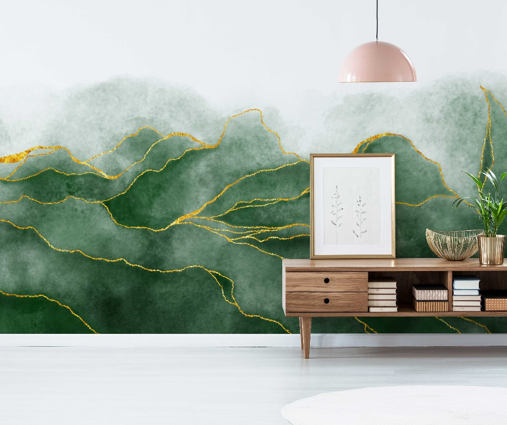 Green Storm Wallpaper Mura with gold lines in the entry hallway
