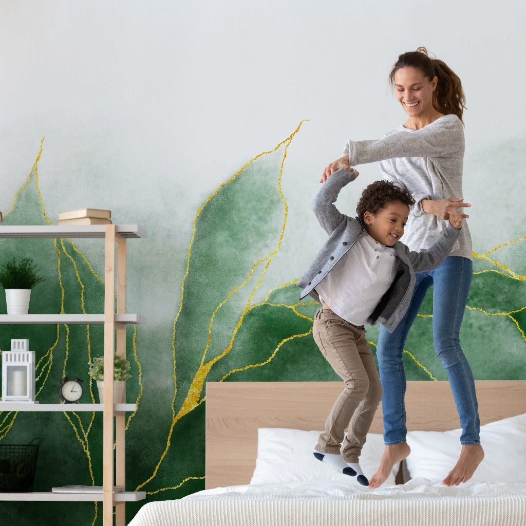 Bedroom - Green Storm Wallpaper Mura with gold lines in the bedroom