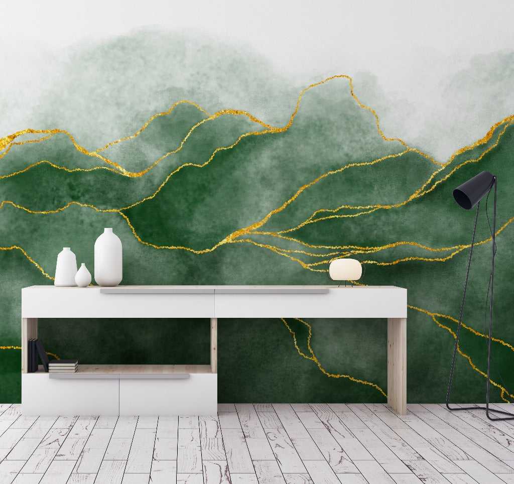 Green Storm Wallpaper Mura with gold lines in the dining room