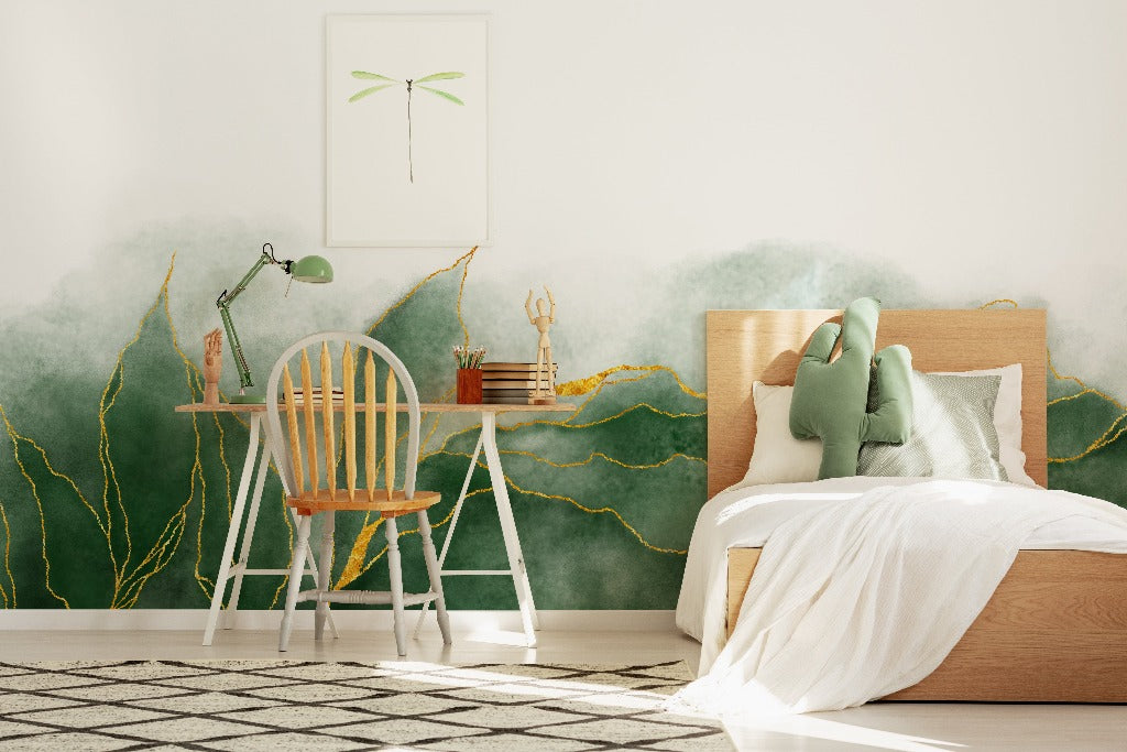 Bedroom - Green Storm Wallpaper Mura with gold lines in the bedroom