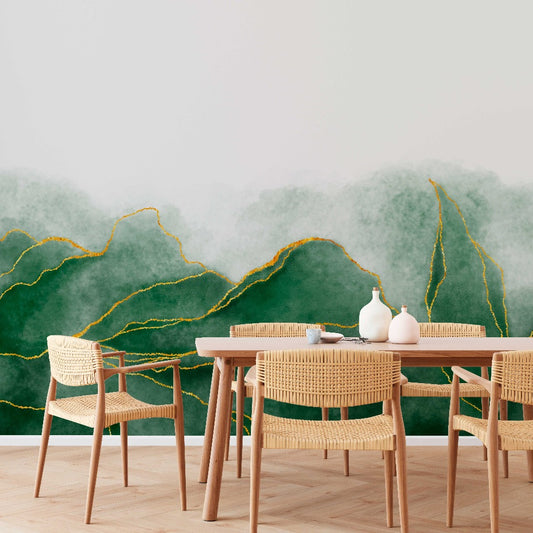 Green Storm Wallpaper Mura with gold lines in the dining room