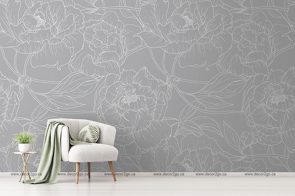 Linear floral wallpaper grey and white