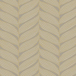 York Wallcoverings' Grey & Gold Luminous Leaves Wallpaper features stylized overlapping beige leaves with white stripes in a vertical pattern on a light gray background, part of the Modern Metals Collection.