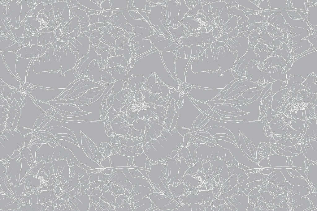 An elegant Decor2Go Wallpaper Mural featuring detailed line drawings of Grey Peonies on a soft gray background.