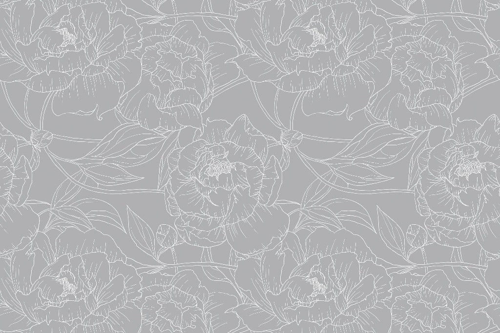 An elegant Decor2Go Wallpaper Mural featuring detailed line drawings of Grey Peonies on a soft gray background.