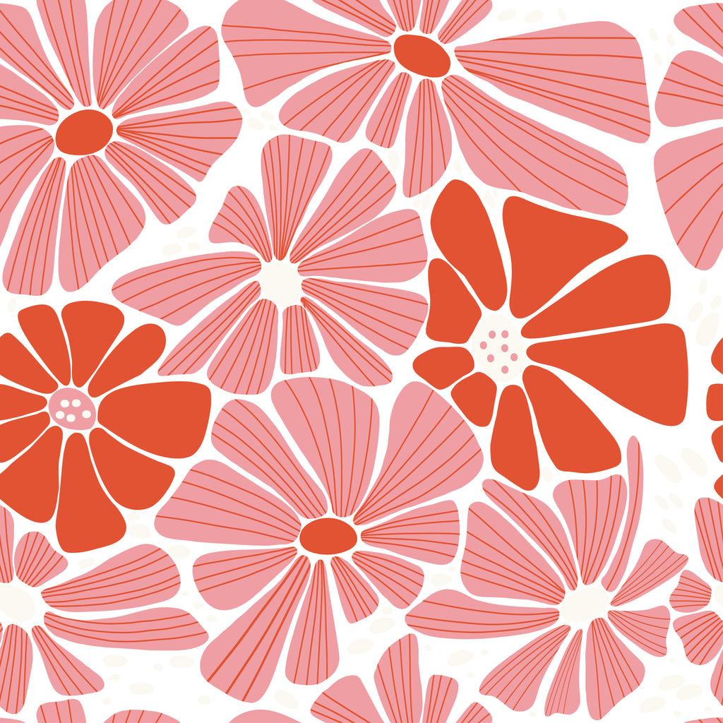 A patterned background featuring a variety of stylized Groovy Flowers in shades of red and pink, with subtle beige accents on a white backdrop, crafted from high-quality materials by Decor2Go Wallpaper Mural.