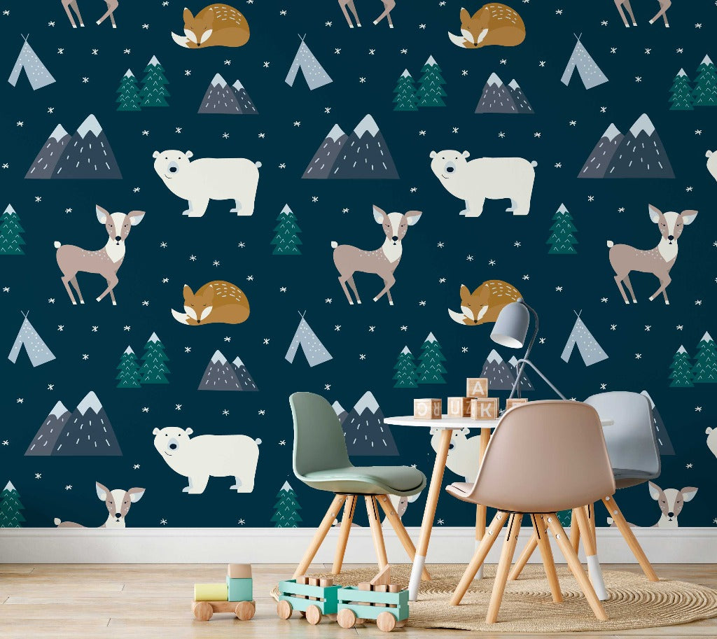 A children's room with Decor2Go Wallpaper Mural depicting polar bears, deer, foxes, and trees. There are two modern chairs, a small table with toys, and a round rug on
