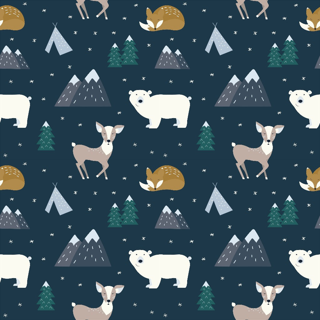 Patterned design featuring hand-drawn polar bears, foxes, deer, mountains, tents, and pine trees in a winter theme on a dark blue background can be found in the Hand Drawn Animal Forest Wallpaper Mural by Decor2Go Wallpaper Mural.