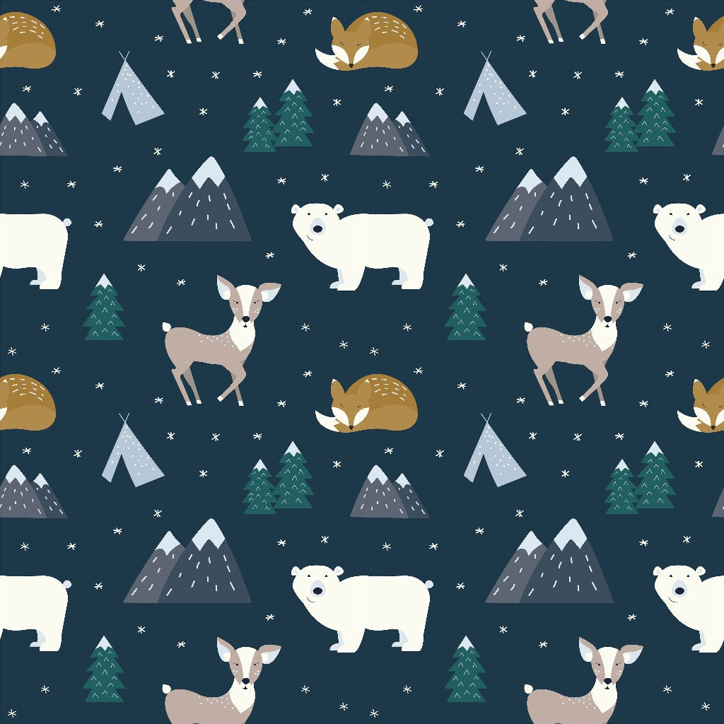 Patterned design featuring hand-drawn polar bears, foxes, deer, mountains, tents, and pine trees in a winter theme on a dark blue background can be found in the Hand Drawn Animal Forest Wallpaper Mural by Decor2Go Wallpaper Mural.