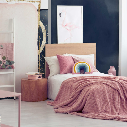 A stylish bedroom featuring a pastel pink theme with a cozy bed, blush accents, a flamingo feature wall, and a subtle mix of modern and vintage Decor2Go Wallpaper Mural items.