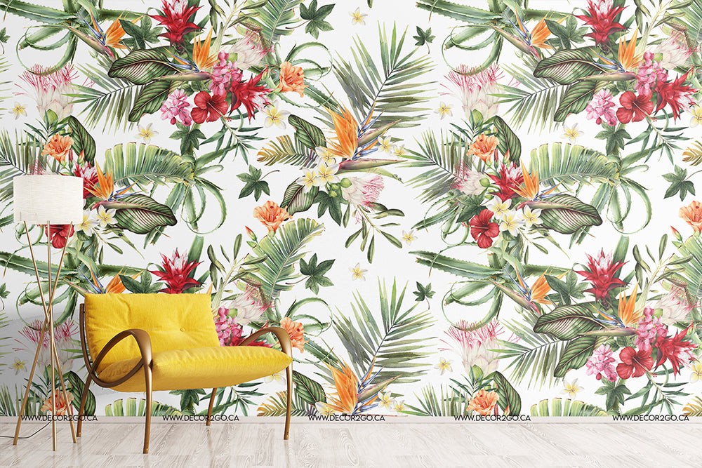 A bright interior with a Decor2Go Wallpaper Mural, featuring a yellow armchair and a white standing lamp. The room is airy and cheerfully decorated with vivid tropical colors.