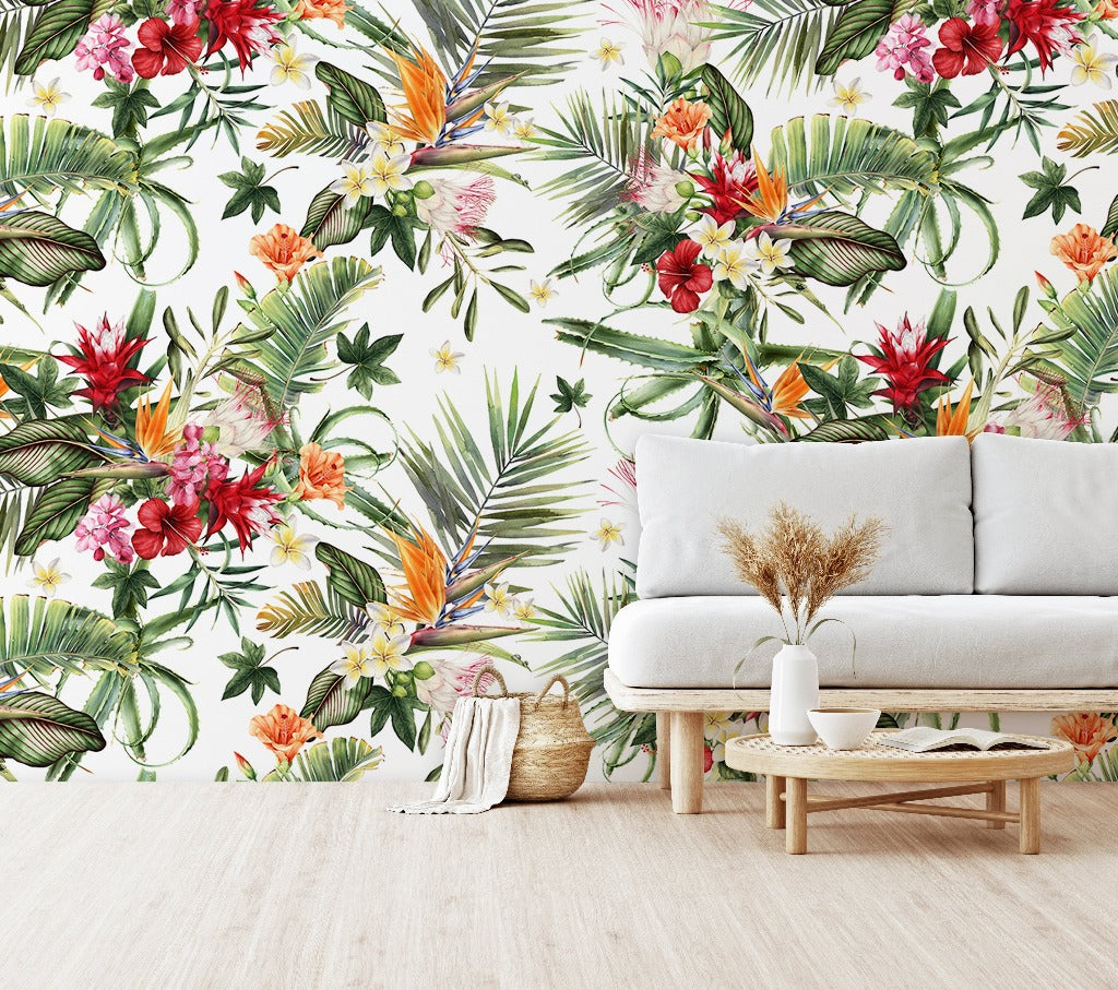 Living Room - A cozy living room corner with a white sofa and a wooden coffee table against a vibrant Decor2Go Wallpaper Mural. A basket and dried plants add a natural touch.