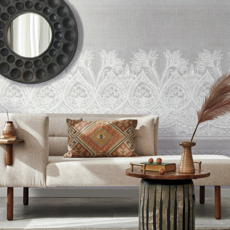 Living Room - Boho furniture with boho chandelier wallpaper