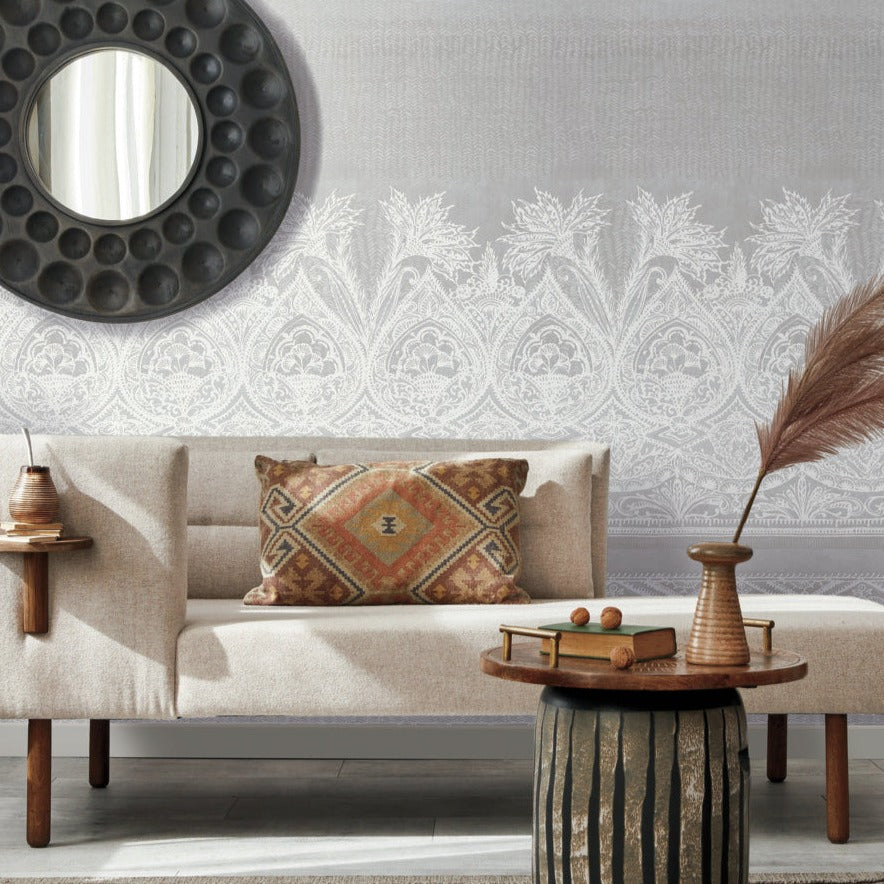 Boho living room furniture with boho chandelier wallpaper
