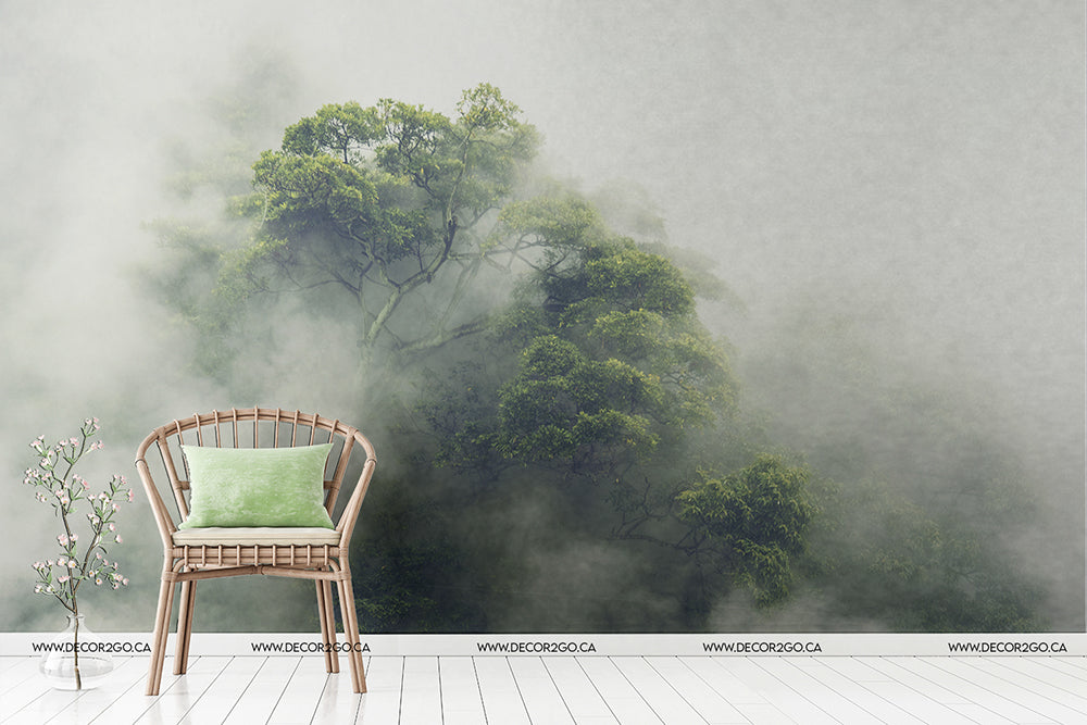 A serene room with a rattan chair featuring a green cushion, beside a small plant in a vase. The wall behind shows a large mural of a misty green forest, known as the Decor2Go Wallpaper Mural.