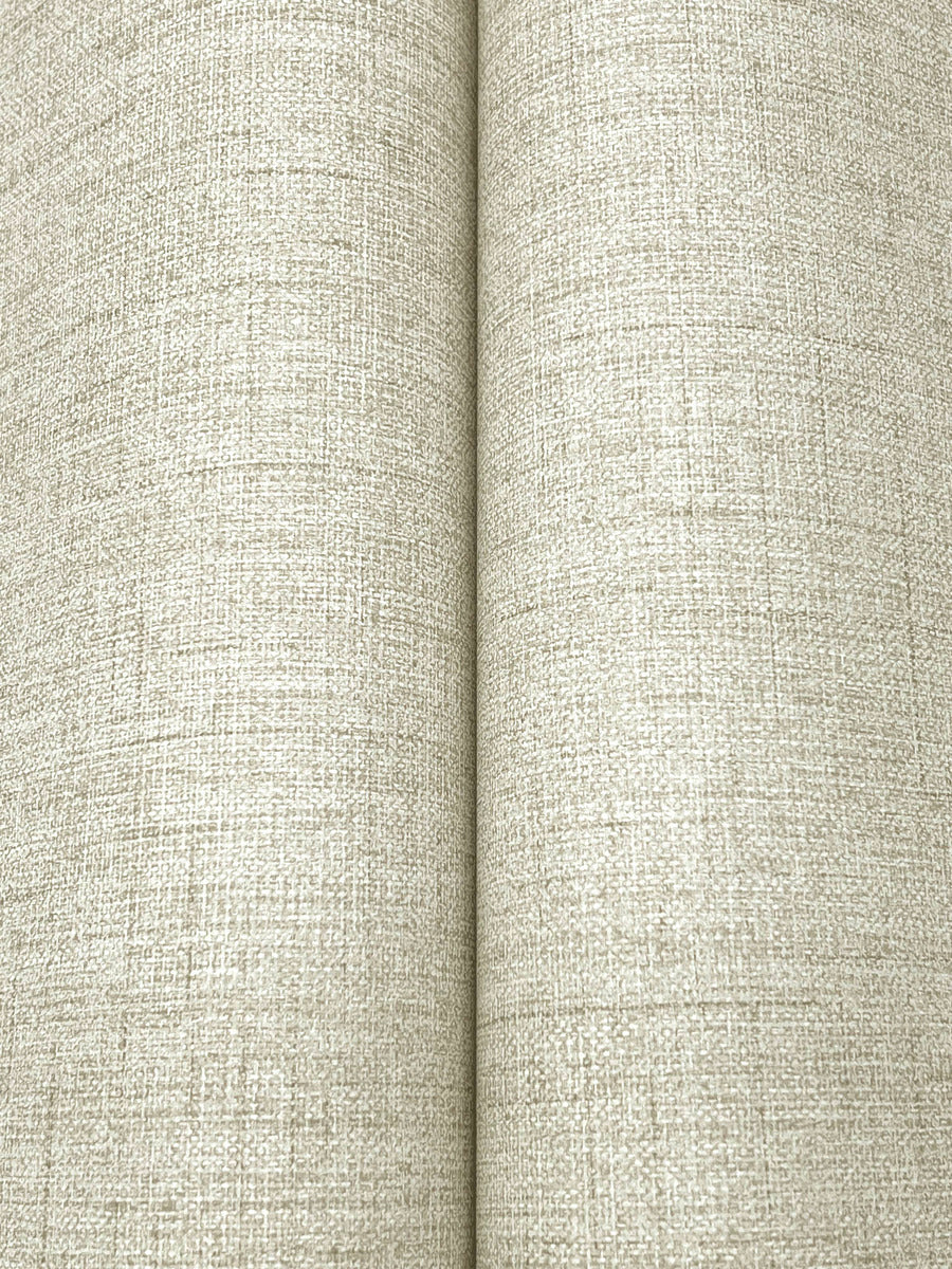 Close-up of two rolls of Hillswick Tweed Beige Wallpaper by York Wallcoverings, side by side. The linen-like pattern and vertical seam create a natural, menswear-inspired style across 60 SqFt with subtle woven texture.