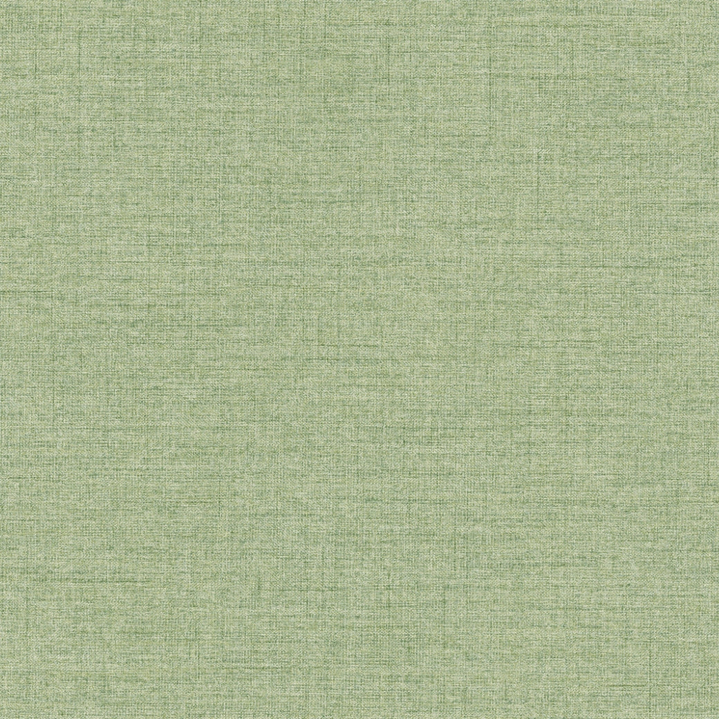 Hillswick Tweed Shamrock Wallpaper by York Wallcoverings (60 SqFt) features a light green textured design with a subtle crosshatch pattern, reminiscent of tweed, for a soft, woven look. Even lighting highlights the smooth, object-free surface.