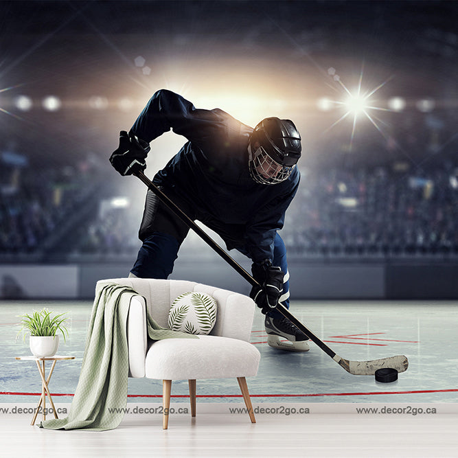 Hockey player on the ice rink wallpaper mural in dark living room 