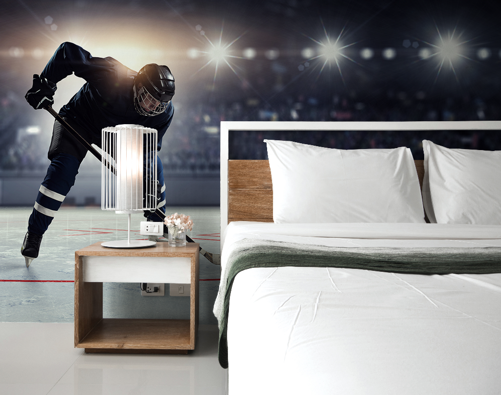 Bedroom - Hockey player on the ice rink wallpaper mural in dark bedroom