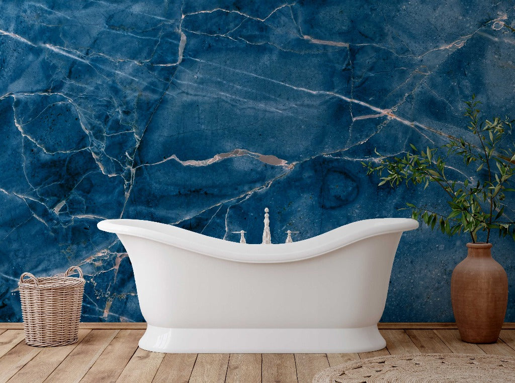 Bathroom - A serene bathroom setup featuring a white clawfoot bathtub against a vibrant Decor2Go Wallpaper Mural, with a potted plant and a woven basket beside it.