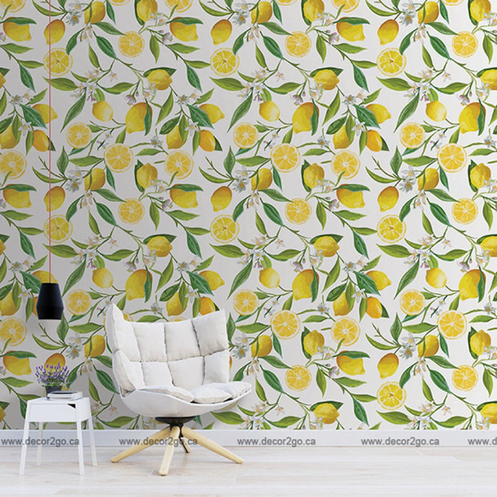 Beautiful refreshing green and yellow lemons wallpaper mural in modern living room with white chair