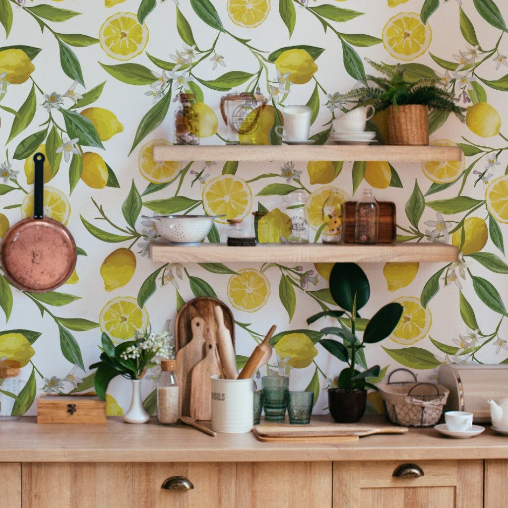 Beautiful refreshing green and yellow lemons wallpaper mural for kitchen