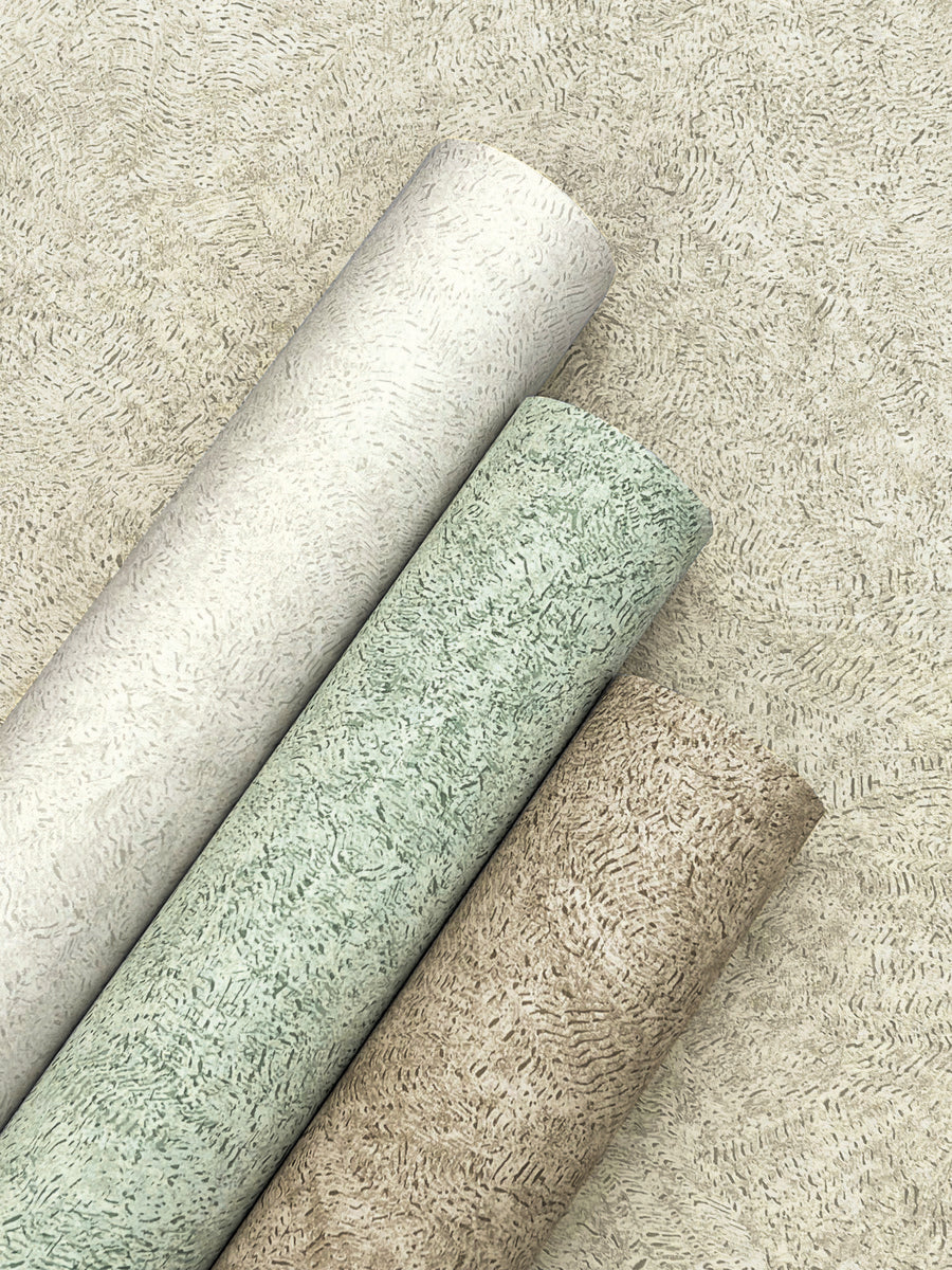 Three rolls of York Wallcoverings' Impression Grey Wallpaper (60 SqFt) are arranged side by side on a matching textured wallpaper background with a subtle, organic pattern.