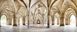 Panoramic view of a spacious, vaulted Glasgow University cloister with symmetrical arches and columns, illuminated by natural light, creating a serene and majestic atmosphere featuring the Infinite Paths Wallpaper Mural from Decor2Go Wallpaper Mural.