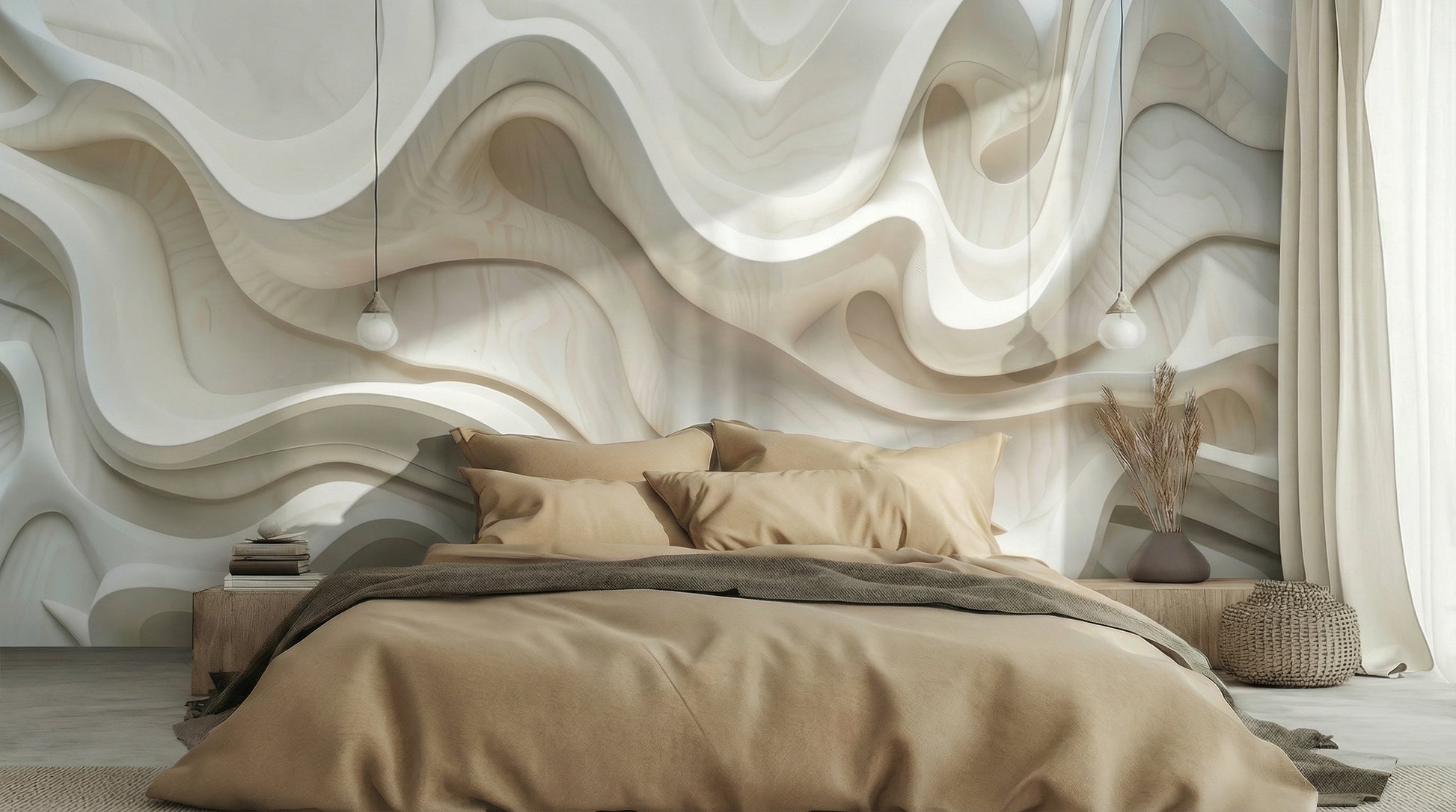 Bedroom - Modern bedroom with wavy wall design and beige bedding