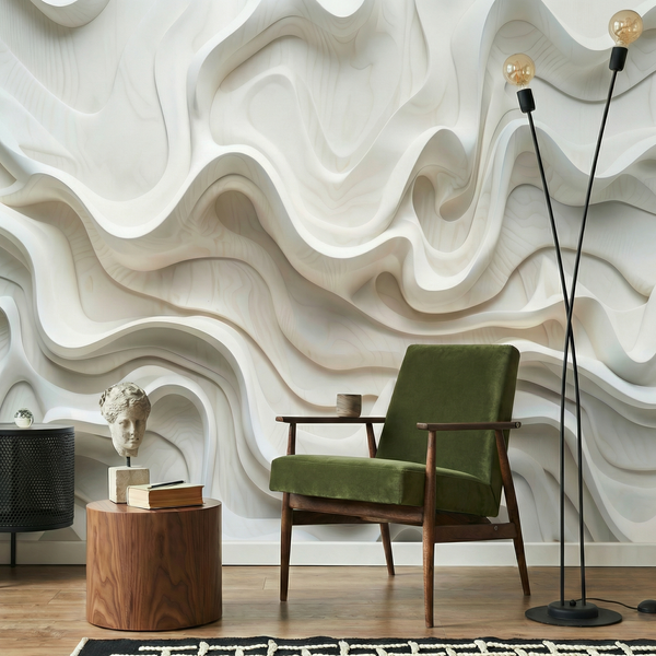 Living Room - Modern interior with wavy Ivory Topography wall design, green chair, wooden table, and floor lamp.