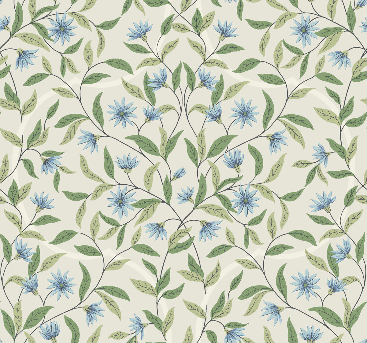 A seamless pattern featuring delicate blue flowers and green leaves on thin, intertwining stems set against a light beige background. This Jasmine Cornflower Wallpaper Beige, Blue (60 Sq.Ft.) by York Wallcoverings conveys a sense of botanical elegance and calm, promising easy installation and removal for a refined touch to any space.