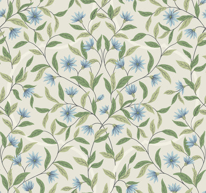 A seamless pattern featuring delicate blue flowers and green leaves on thin, intertwining stems set against a light beige background. This Jasmine Cornflower Wallpaper Beige, Blue (60 Sq.Ft.) by York Wallcoverings conveys a sense of botanical elegance and calm, promising easy installation and removal for a refined touch to any space.