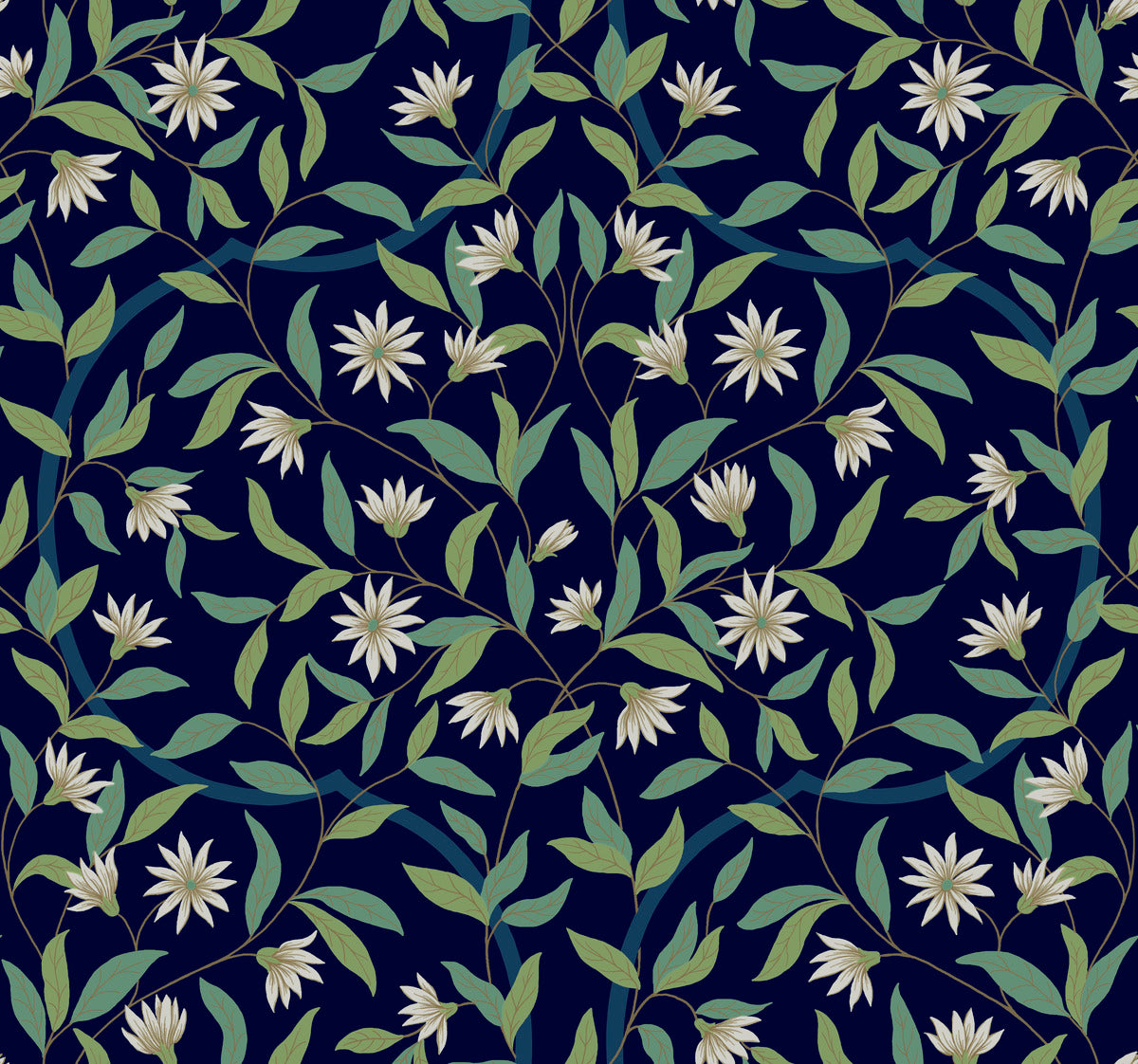 A seamless pattern featuring white daisies and green leaves on a dark blue background. This Jasmine Indigo Wallpaper Blue (60 Sq.Ft.) by York Wallcoverings showcases floral design with intertwined stems, giving a classic and elegant look. Ideal for wallpapers, fabrics, and decorative purposes.